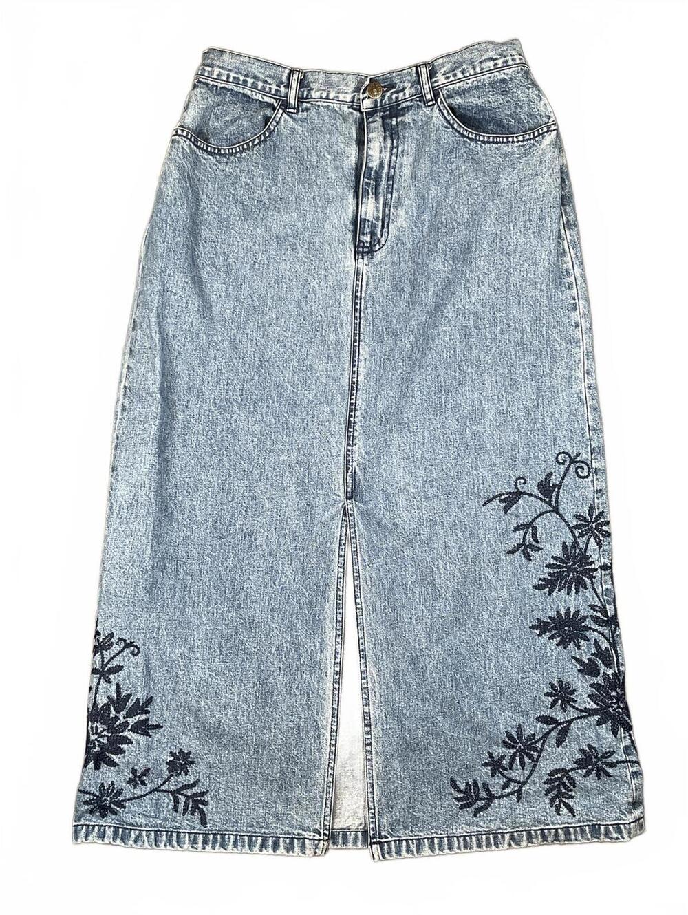 Denim Midi Skirt by Eddie Bauer Embroidered Cottagecore - Women's Size 10 Petite